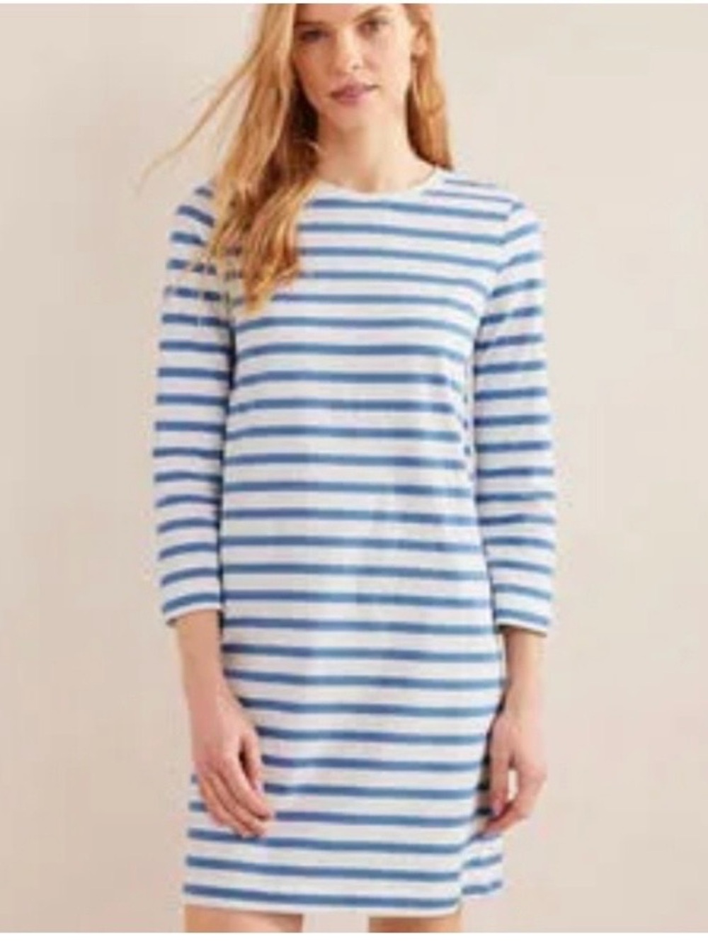 Boden Blue White Breton Stripe 3/4 Sleeve Mini Dress SZ 6R EUC Coastal Nautical